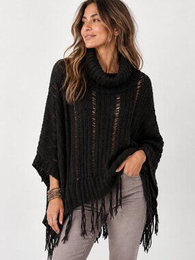 PONCHO Black Open Weave Knitted Cowl Neck Fringe Bottom Poncho EUC Size M/L